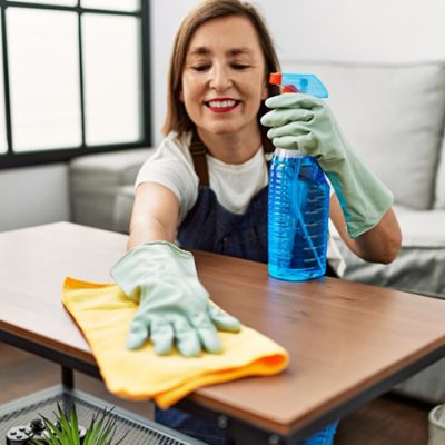 Mujer Pasando Una Franela A Una Mesa En Un Living